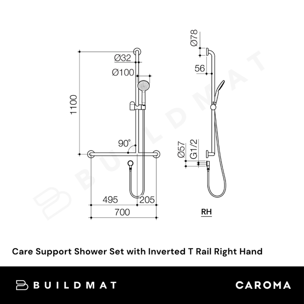 Caroma Care Support Accessible Shower Set with Inverted T Rail RH Chrome