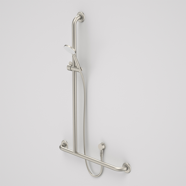 Caroma Care Support Shower Set with Inverted T Rail Left Hand Side Brushed Nickel