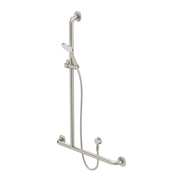 Caroma Care Support Shower Set with Inverted T Rail Left Hand Side Brushed Nickel