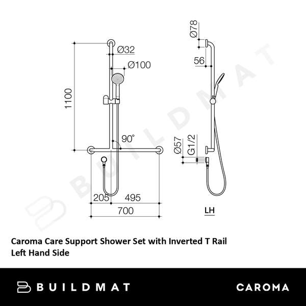 Caroma Care Support Shower Set with Inverted T Rail Left Hand Side Chrome