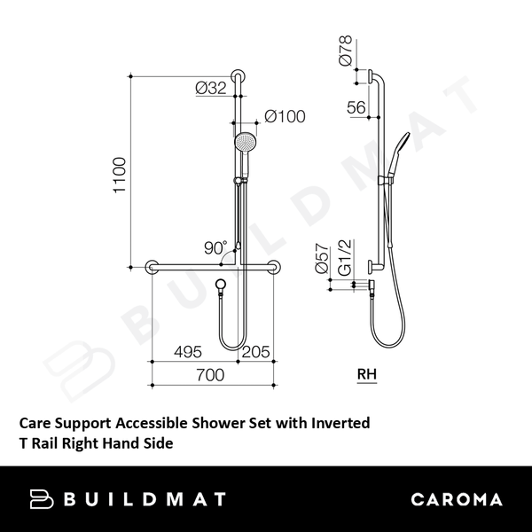 Caroma Care Support Accessible Shower Set with Inverted T Rail Right Hand Side Chrome