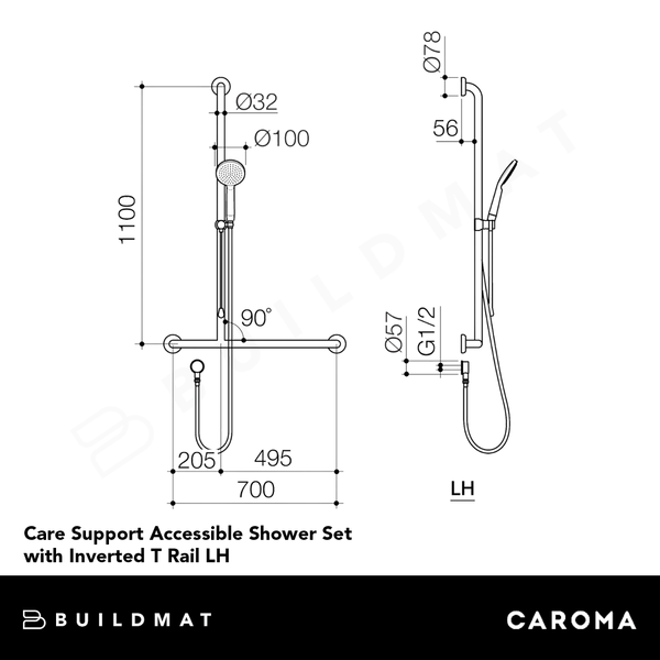Caroma Care Support Accessible Shower Set with Inverted T Rail LH Chrome