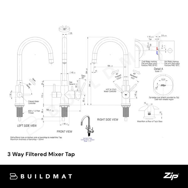 Zip Water 3 Way Filtered Mixer Tap Stainless Steel