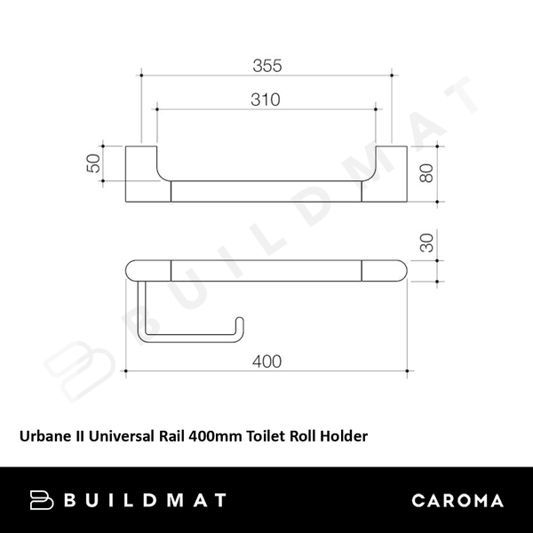 Caroma Urbane II Universal Rail 400mm Toilet Roll Holder Set Brushed Brass
