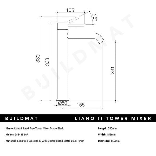 Caroma Liano II Lead Free Tower Basin Mixer Matte Black