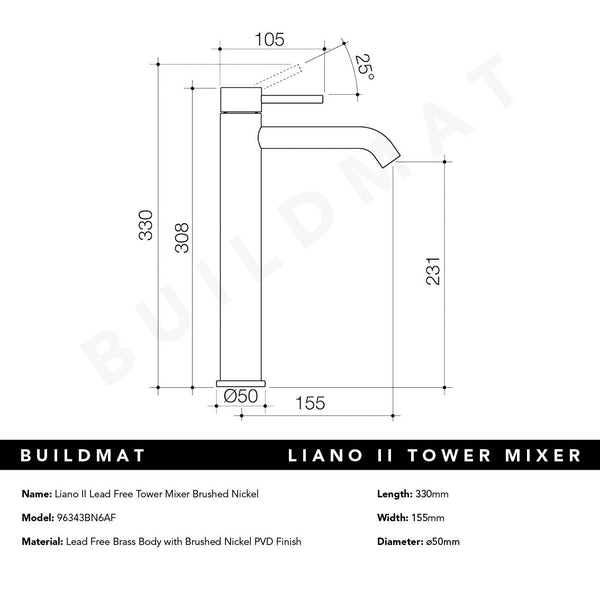 Caroma Liano II Lead Free Tower Basin Mixer Brushed Nickel
