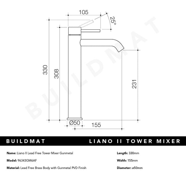 Caroma Liano II Tower Basin Mixer Lead Free Gunmetal
