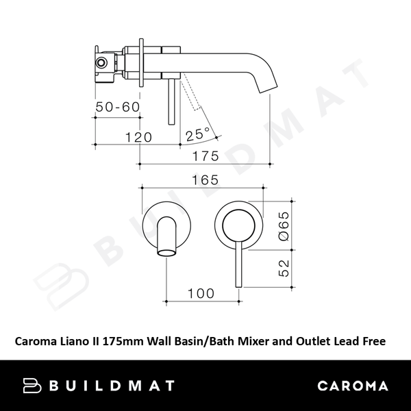 Caroma Liano II 175mm Wall Basin/Bath Mixer and Outlet Brushed Bronze Lead Free