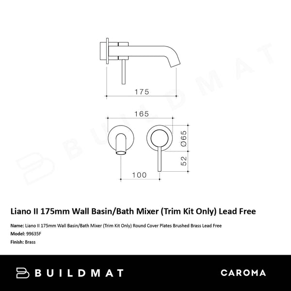 Caroma Liano II 175mm Wall Basin/Bath Mixer (Trim Kit Only) Round Cover Plates Brushed Brass Lead Free