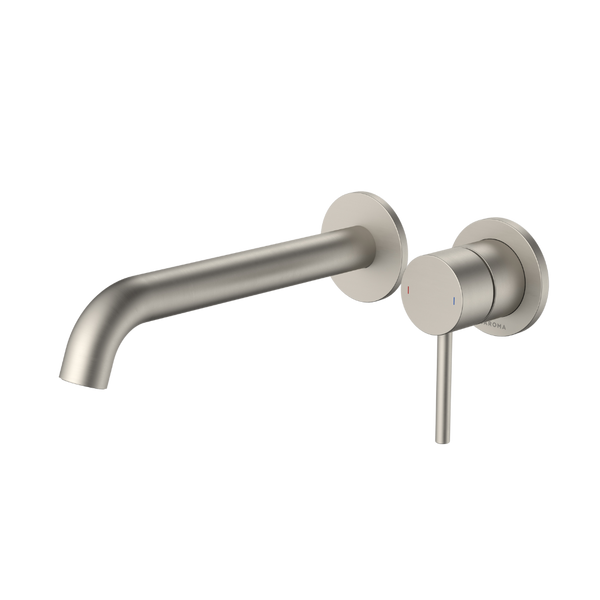Caroma Liano II 210mm Wall Basin/Bath Mixer and Outlet Brushed Nickel Lead Free