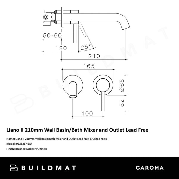Caroma Liano II 210mm Wall Basin/Bath Mixer and Outlet Brushed Nickel Lead Free