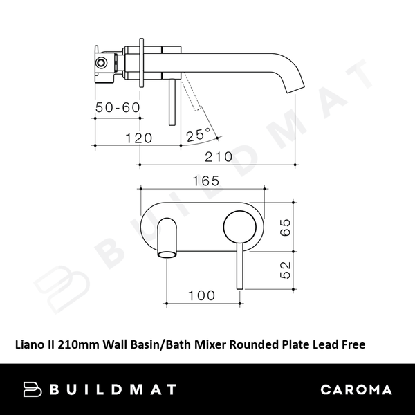 Caroma Liano II 210mm Wall Basin/Bath Mixer and Outlet Rounded Plate Brushed Bronze Lead Free