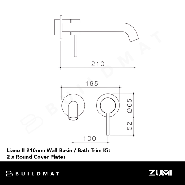 Caroma Liano II 210mm Wall Basin/Bath Mixer (Trim Kit Only) 2x Round Cover Plates Brushed Nickel Lead Free
