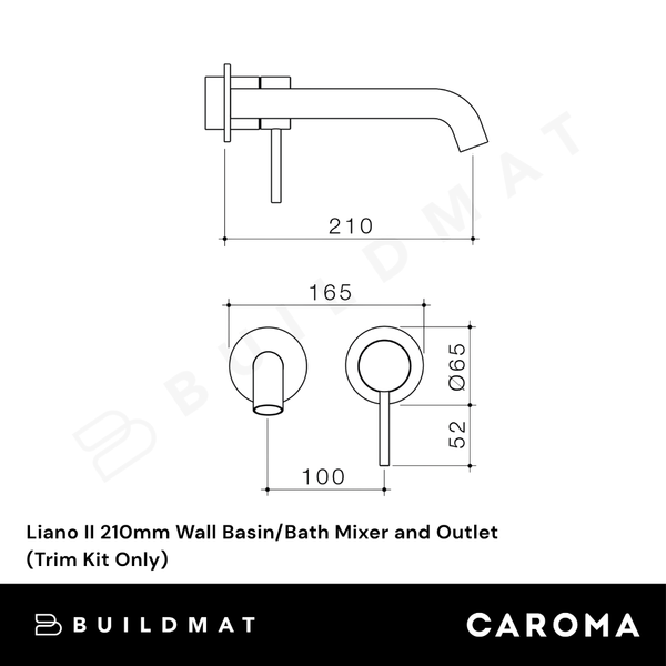 Caroma Liano II 210mm Wall Basin/Bath Mixer and Outlet (Trim Kit Only) Gunmetal Lead Free