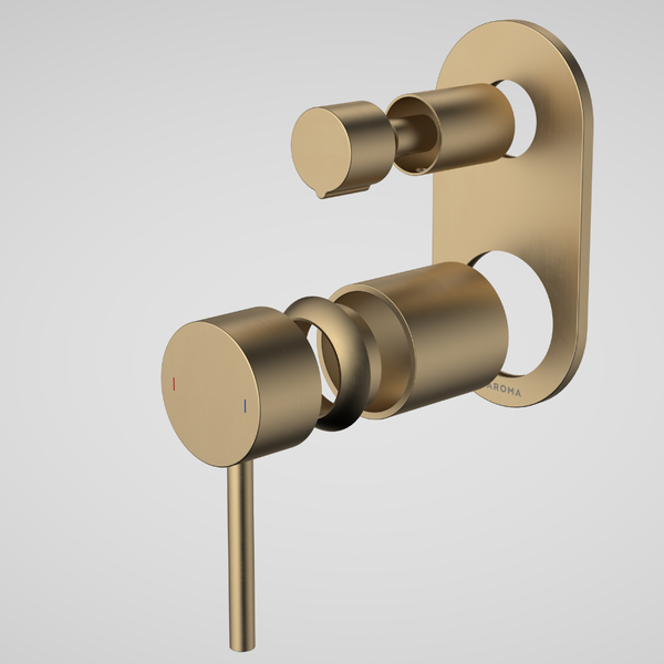 Caroma Liano II Bath/Shower Mixer with Diverter (Trim Kit) Rounded Cover Plate Brushed Brass