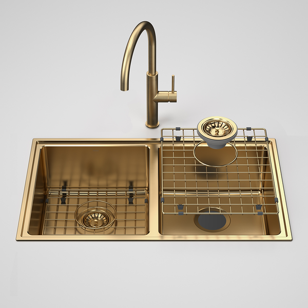 Caroma Urbane II  Double Bowl Sink with Liano II Sink Mixer Brushed Brass