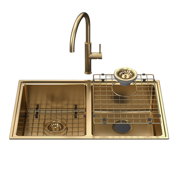 Caroma Urbane II  Double Bowl Sink with Liano II Sink Mixer Brushed Brass