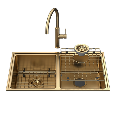 Caroma Urbane II  Double Bowl Sink with Liano II Sink Mixer Brushed Brass