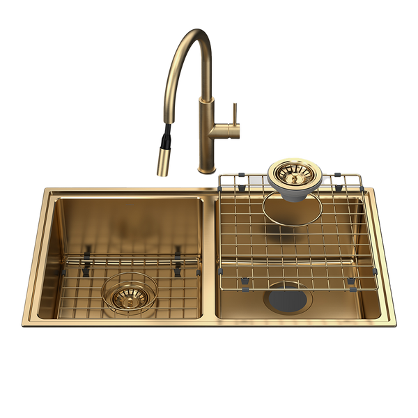 Caroma Urbane II Double Bowl Sink with Liano II Pull Out Sink Mixer Brushed Brass