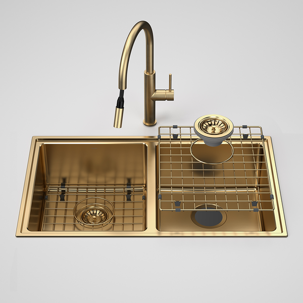 Caroma Urbane II Double Bowl Sink with Liano II Pull Out Sink Mixer Brushed Brass