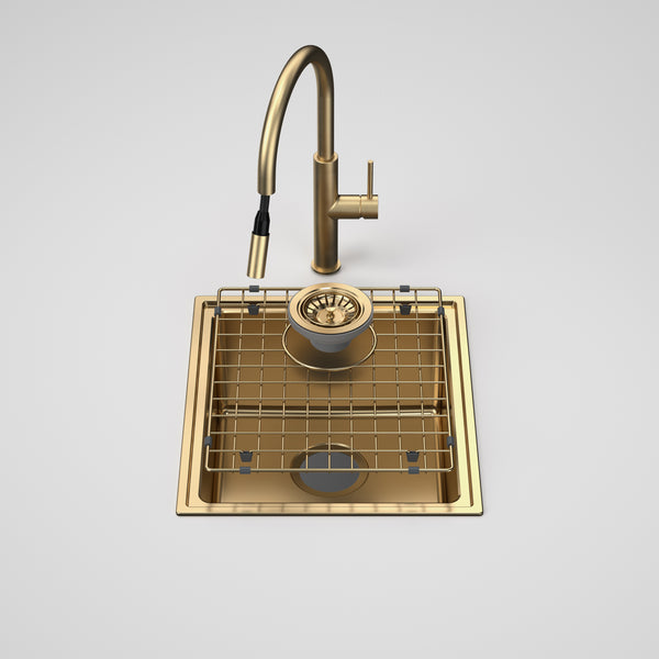 Caroma Urbane II Single Bowl Sink with Liano II Pull Out Sink Mixer Brushed Brass