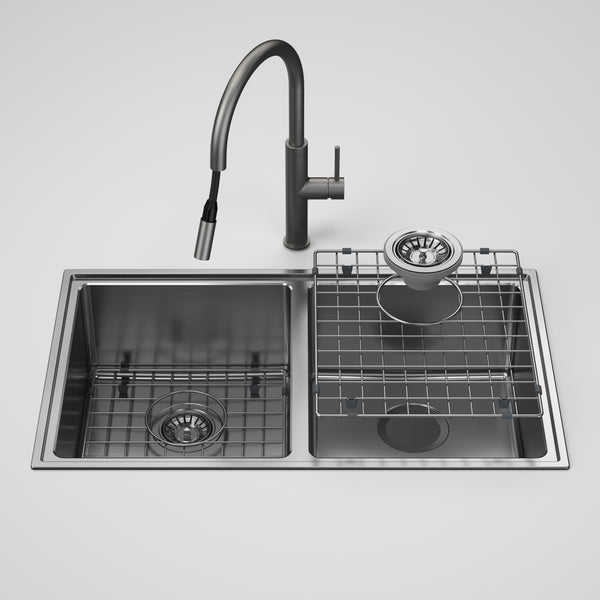 Caroma Urbane II Double Bowl Sink with Liano II Pull Out Sink Mixer Gunmetal