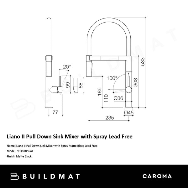 Caroma Liano II Pull Down Sink Mixer with Spray Matte Black Lead Free
