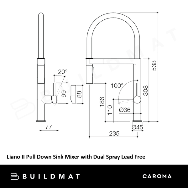 Caroma Liano II Pull Down Sink Mixer with Dual Spray Brushed Brass Lead Free