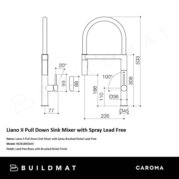 Caroma Liano II Pull Down Sink Mixer with Spray Brushed Nickel Lead Free