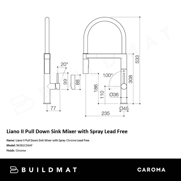Caroma Liano II Pull Down Sink Mixer with Dual Spray Chrome Lead Free