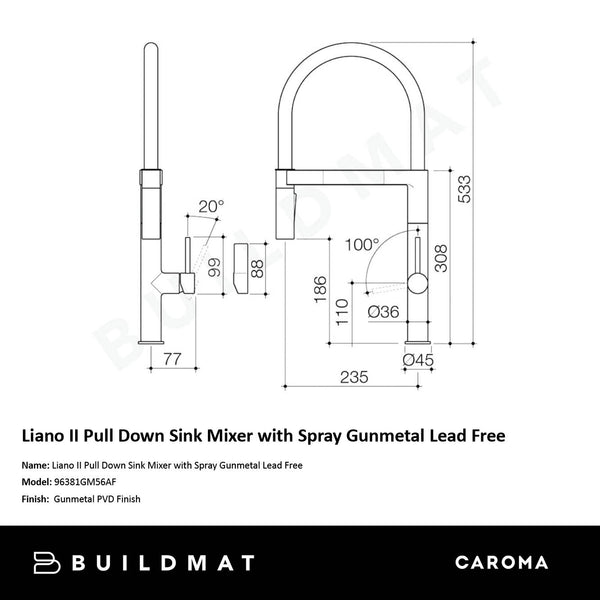 Caroma Liano II Pull Down Sink Mixer with Spray Gunmetal Lead Free