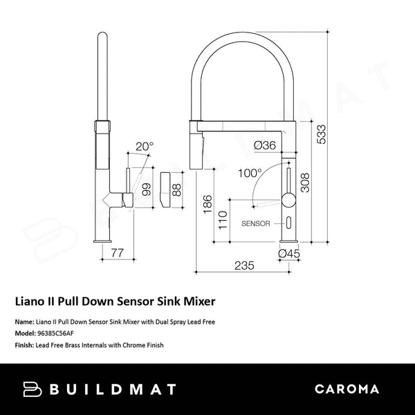 Caroma Liano II Pull Down Sensor Sink Mixer Lead Free Chrome
