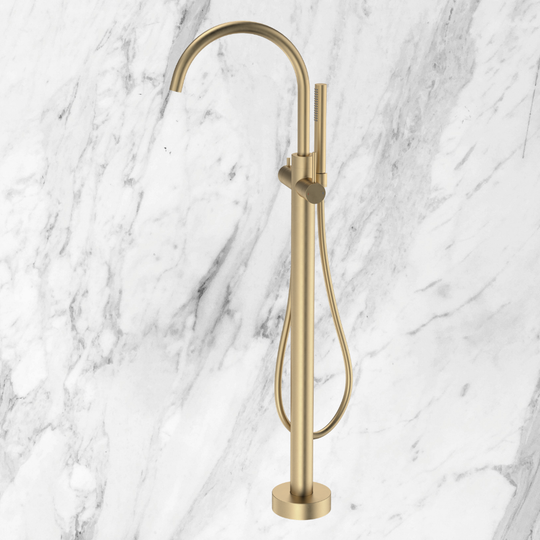 Liano II Freestanding Bath Filler with Hand Shower Sales Kit Brushed Brass