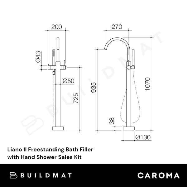 Caroma Liano II Freestanding Bath Filler with Hand Shower Sales Kit Brushed Brass