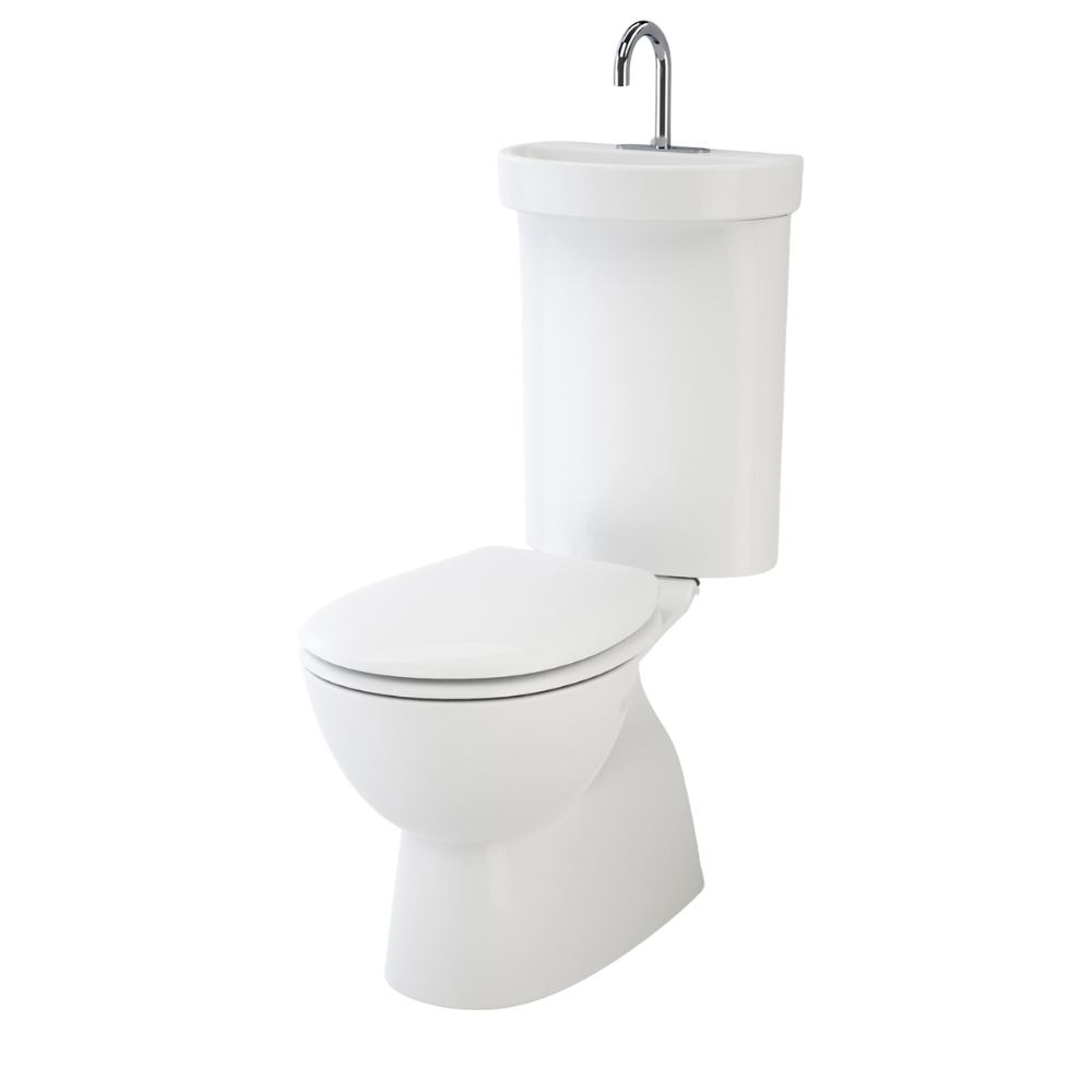 Caroma continues a proud history of water saving innovations with the Profile 5 range of toilet suites. With a streamlined style and soft closing seat, the unique cistern design incorporates an integrated dual-flush push button and spout combination designed to lower total bathroom water usage. - Profile 5 saves water