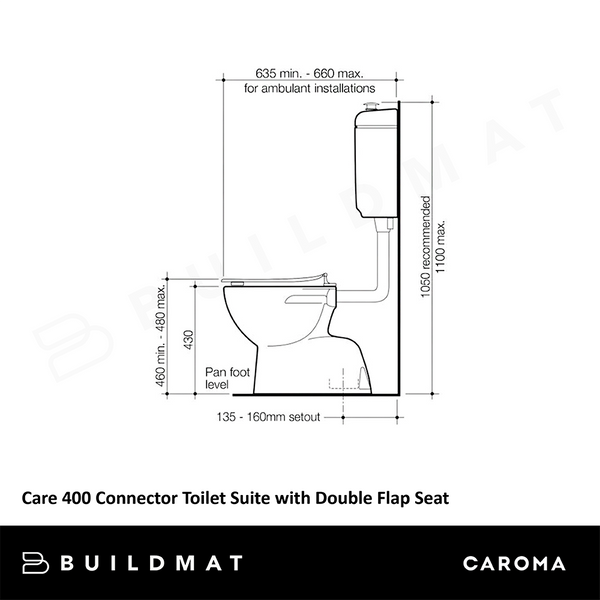 Caroma Care 400 Connector (S Trap) Toilet Suite with Caravelle Care Double Flap Seat White