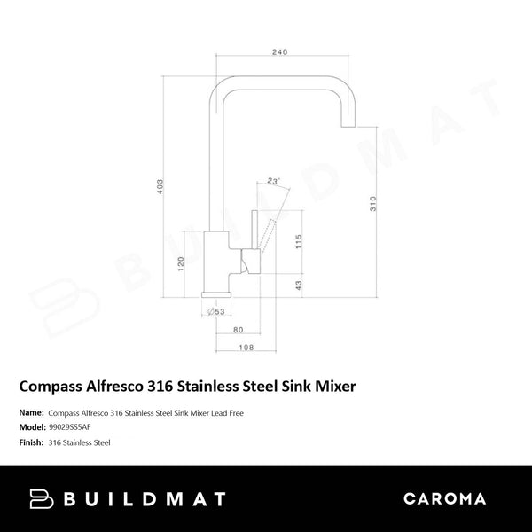 Caroma Compass Alfresco 316 Stainless Steel Sink Mixer Lead Free
