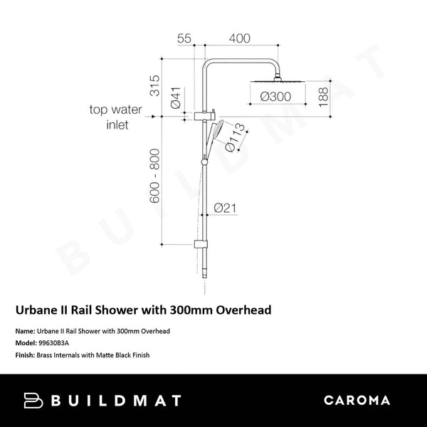 Caroma Urbane II Rail Shower with 300mm Overhead Matte Black