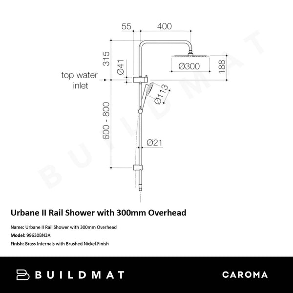 Caroma Urbane II Rail Shower with 300mm Overhead Brushed Nickel