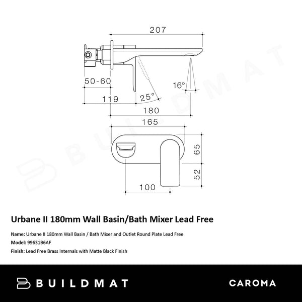 Caroma Urbane II 180mm Wall Basin/Bath Mixer and Outlet Round Plate Lead Free Matte Black