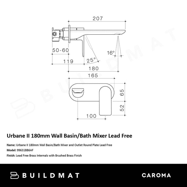 Caroma Urbane II 180mm Wall Basin/Bath Mixer and Outlet Round Plate Lead Free Brushed Brass