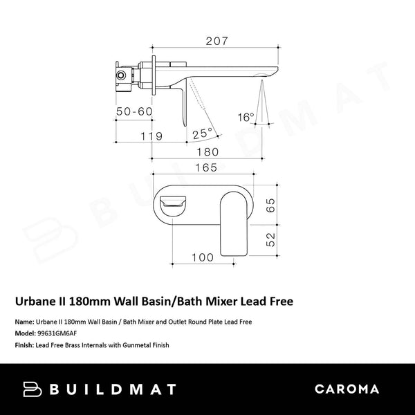 Caroma Urbane II 180mm Wall Basin/Bath Mixer and Outlet Round Plate Lead Free Gunmetal