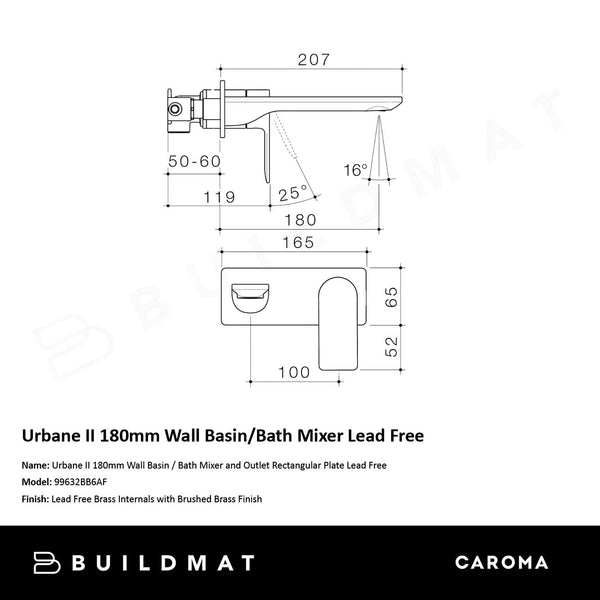 Caroma Urbane II 180mm Wall Basin/Bath Mixer and Outlet Rectangular Plate Lead Free Brushed Brass