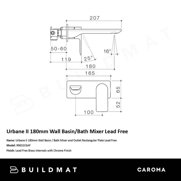 Caroma Urbane II 180mm Wall Basin/Bath Mixer and Outlet Rectangular Plate Lead Free Chrome