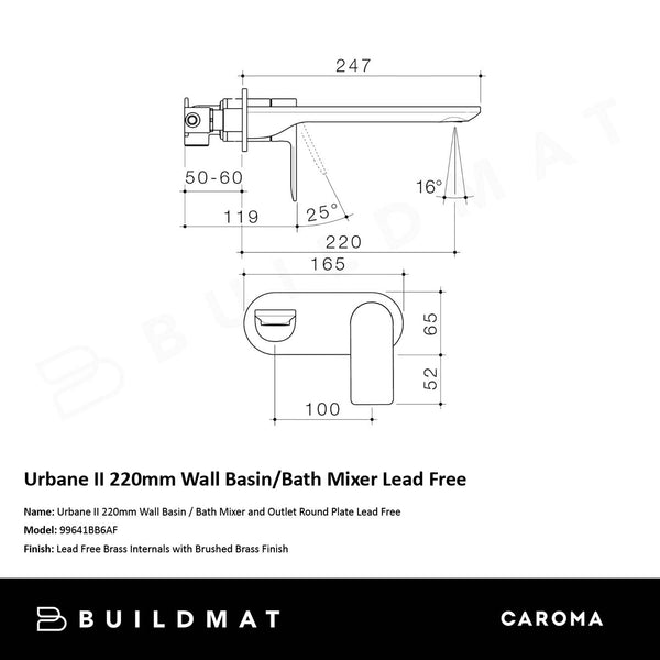 Caroma Urbane II 220mm Wall Basin/Bath Mixer and Outlet Round Plate Lead Free Brushed Brass