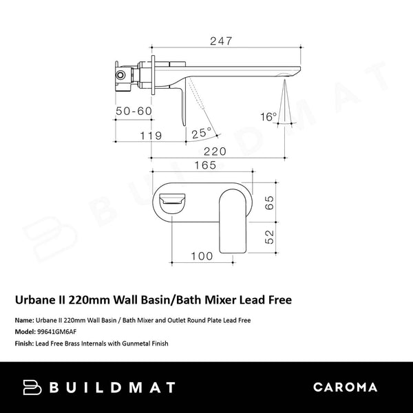 Caroma Urbane II 220mm Wall Basin/Bath Mixer and Outlet Round Plate Lead Free Brushed Gunmetal