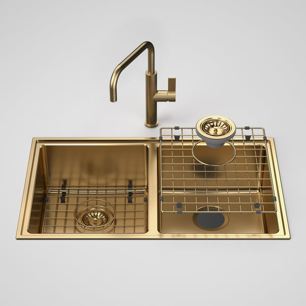 Caroma Urbane II Double Bowl Sink with Urbane II Sink Mixer Brushed Brass