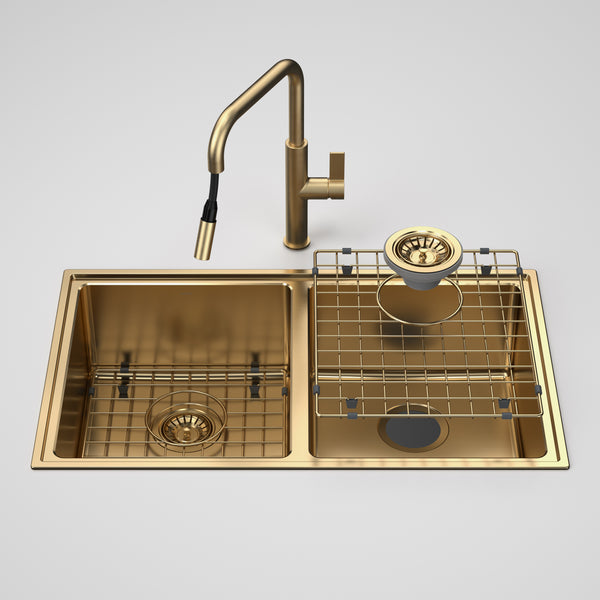 Caroma Urbane II Double Bowl Sink with Urbane II Pull Out Sink Mixer Brushed Brass