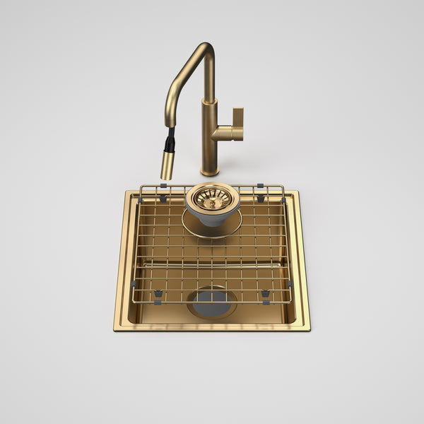 Caroma Urbane II Single Bowl Sink with Urbane II Pull Out Sink Mixer Brushed Brass