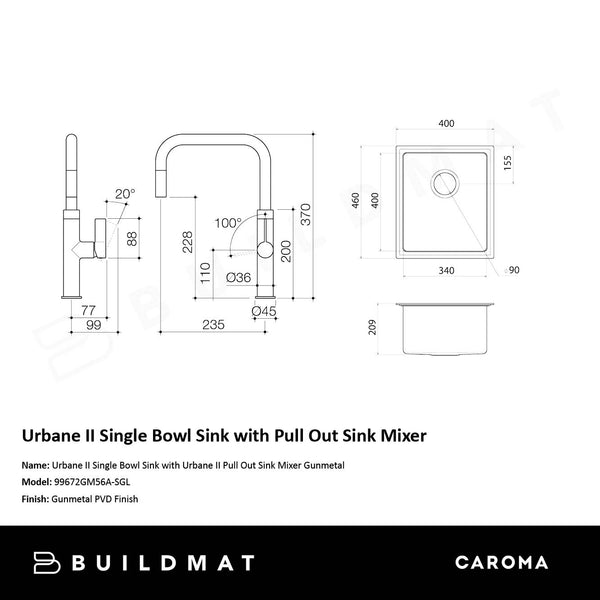 Caroma Urbane II Single Bowl Sink with Urbane II Pull Out Sink Mixer Gunmetal